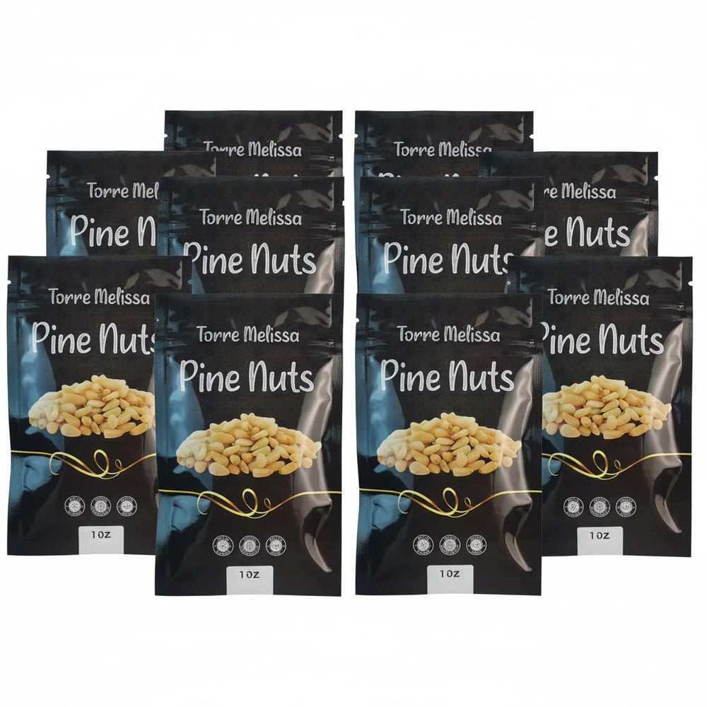 Torre Melissa front packaging showing ten 1oz pine nut pouches for freshness