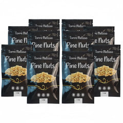 Torre Melissa front packaging showing ten 1oz pine nut pouches for freshness