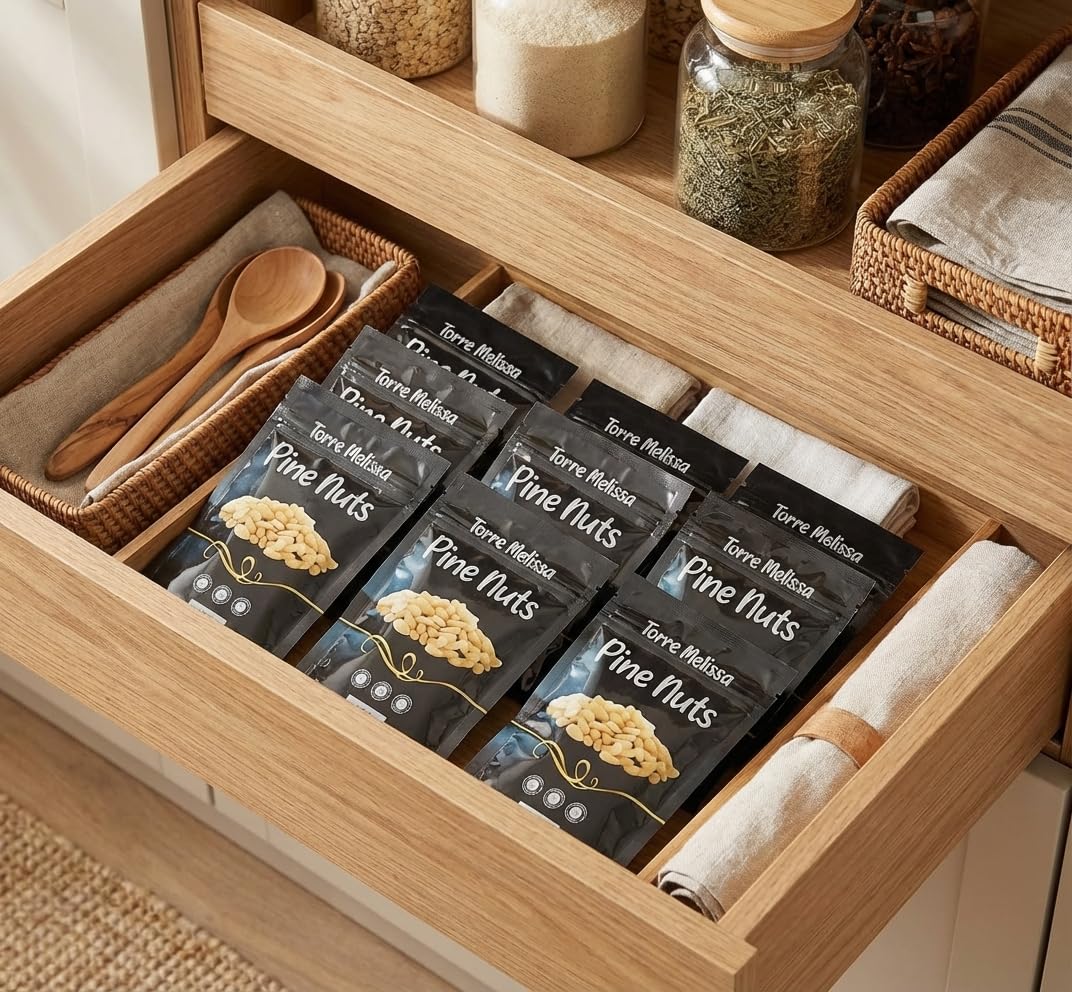 Torre Melissa pine nuts toasting in skillet for enhanced aroma and color
