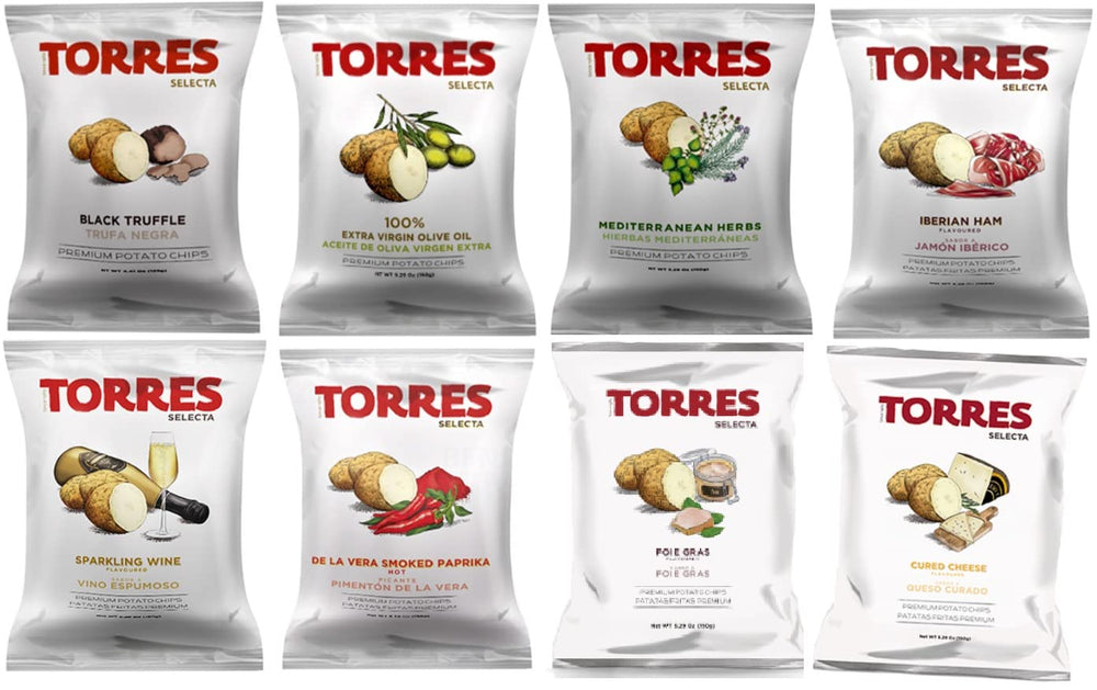Torres front packaging 8‑pack showing gourmet assortment and premium design