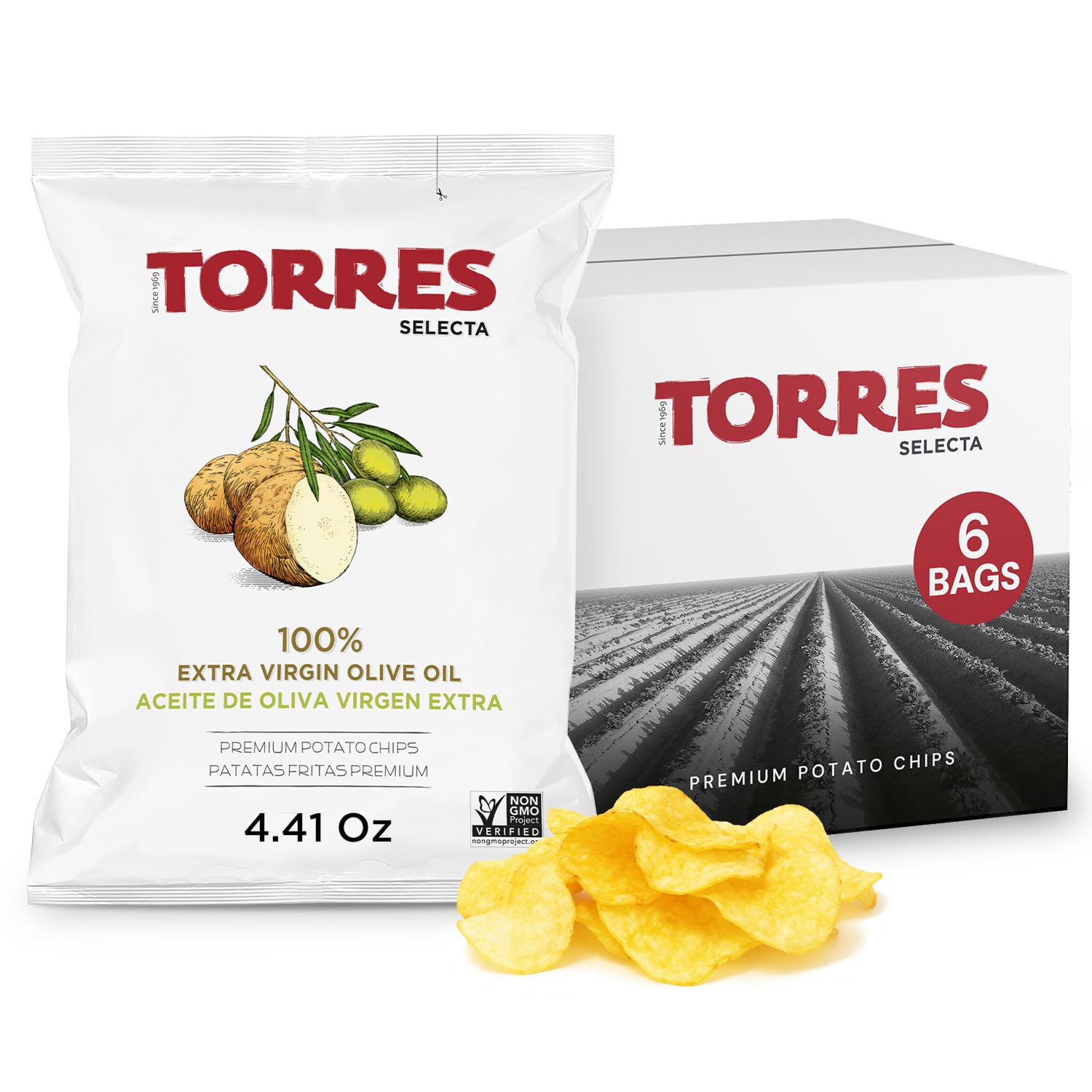 Torres Selecta front packaging showing premium olive oil chips and brand