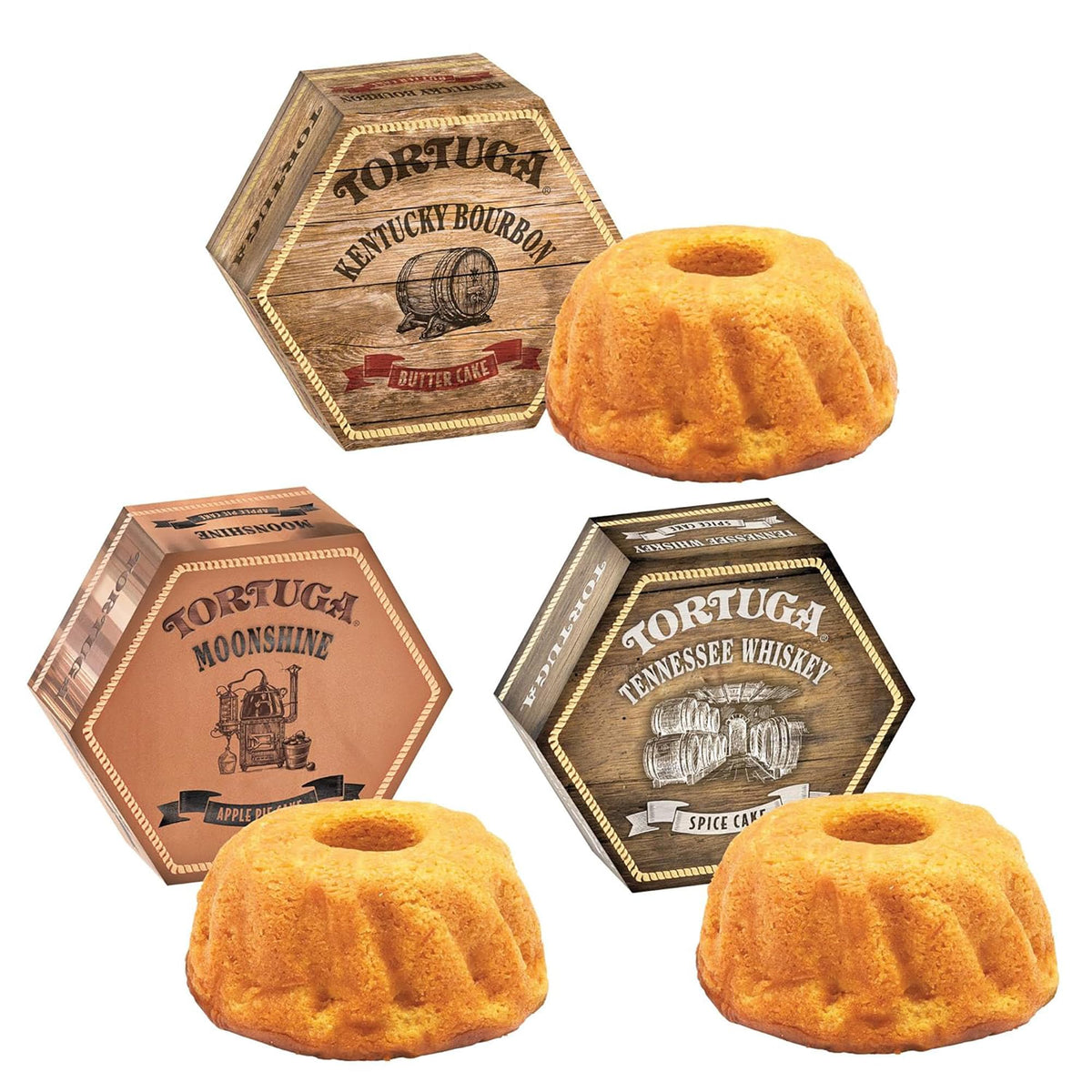 TORTUGA front packaging showing three mini cakes and premium gifting appeal