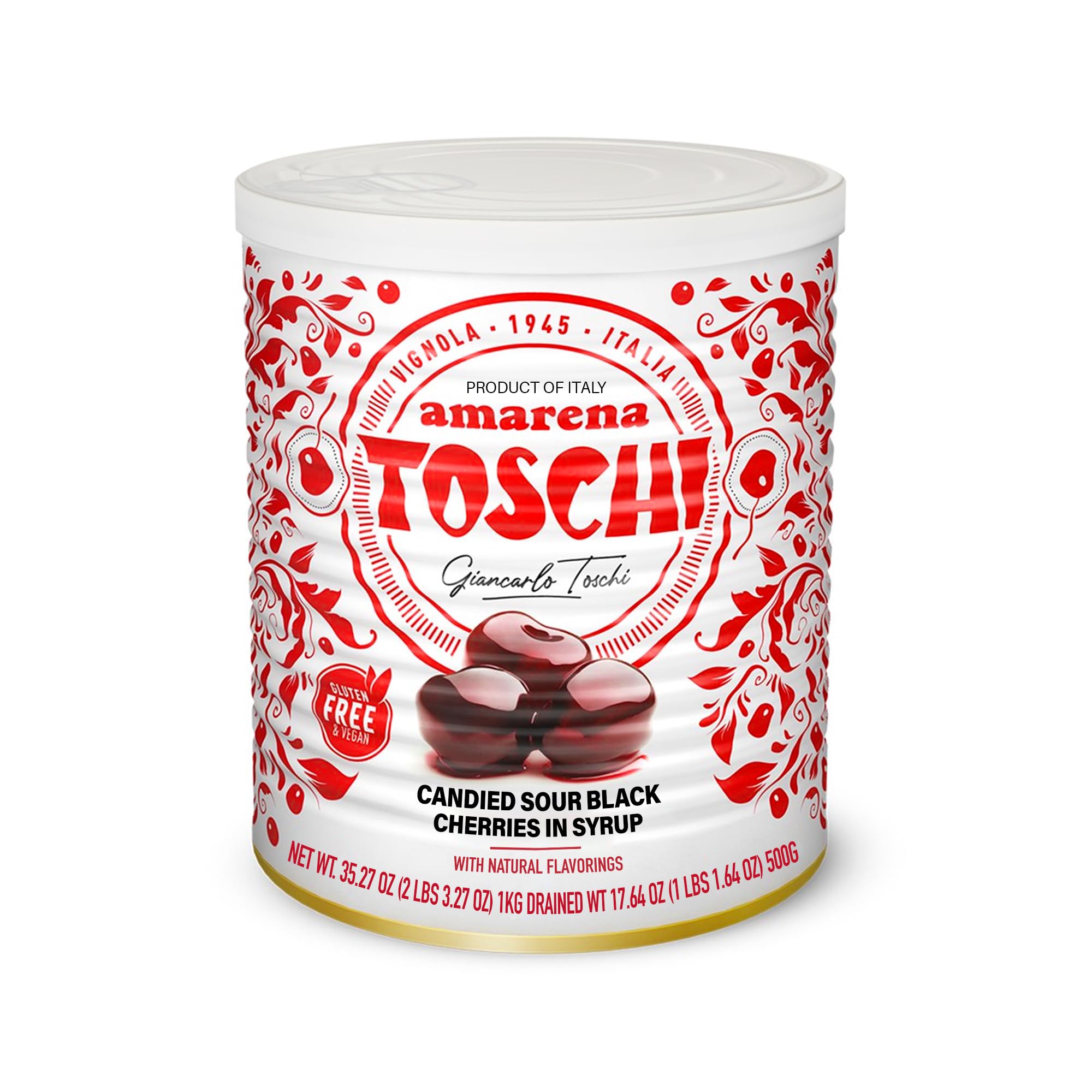Toschi front jar showing label and whole cherries for authentic garnishes