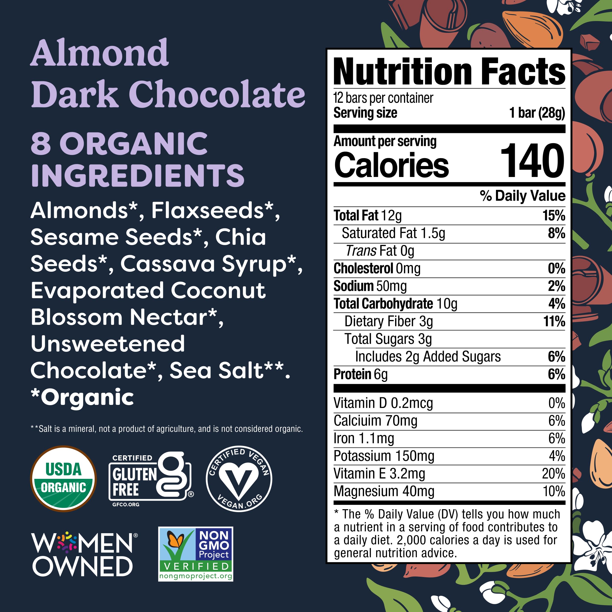 Tosi ingredients layout with almonds, chia, flax showcasing quality