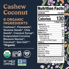 Tosi closeup of cashews and coconut pieces showing crunchy texture and natural ingredients
