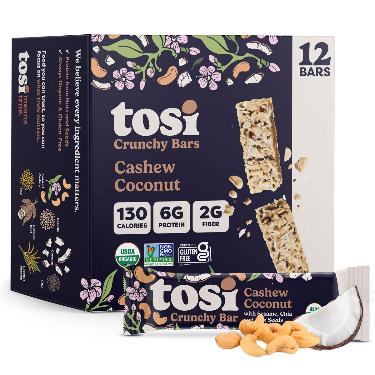 Tosi cashew coconut front packaging showing clean organic labeling and portable size