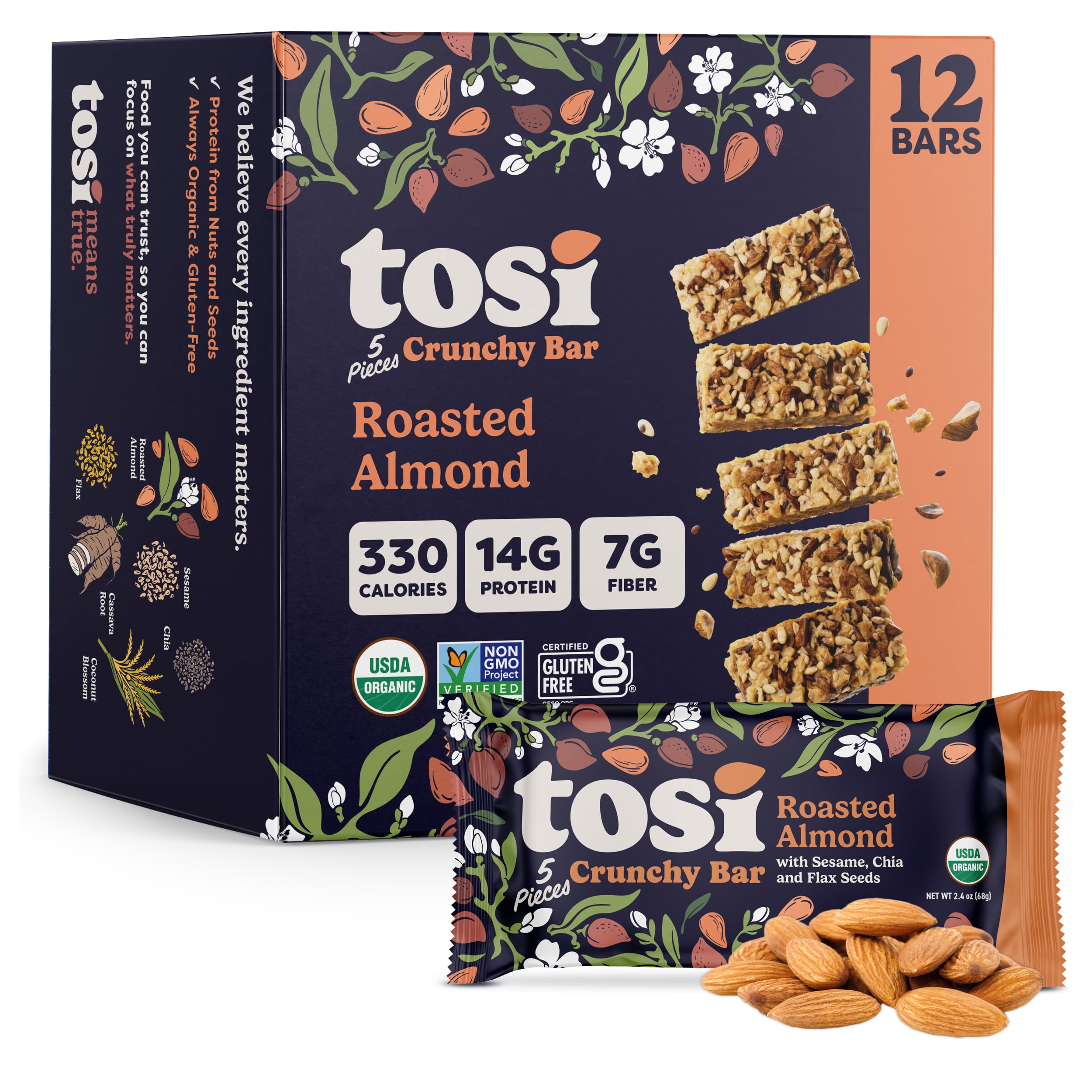 Tosi front packaging 12-pack showing organic badge and travel-ready benefit
