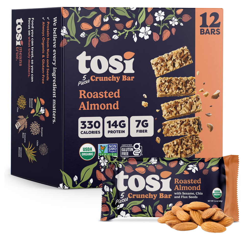 Tosi front packaging 12-pack showing organic badge and travel-ready benefit