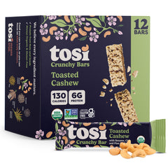 Tosi front packaging displaying cashew 12-pack and organic label benefits