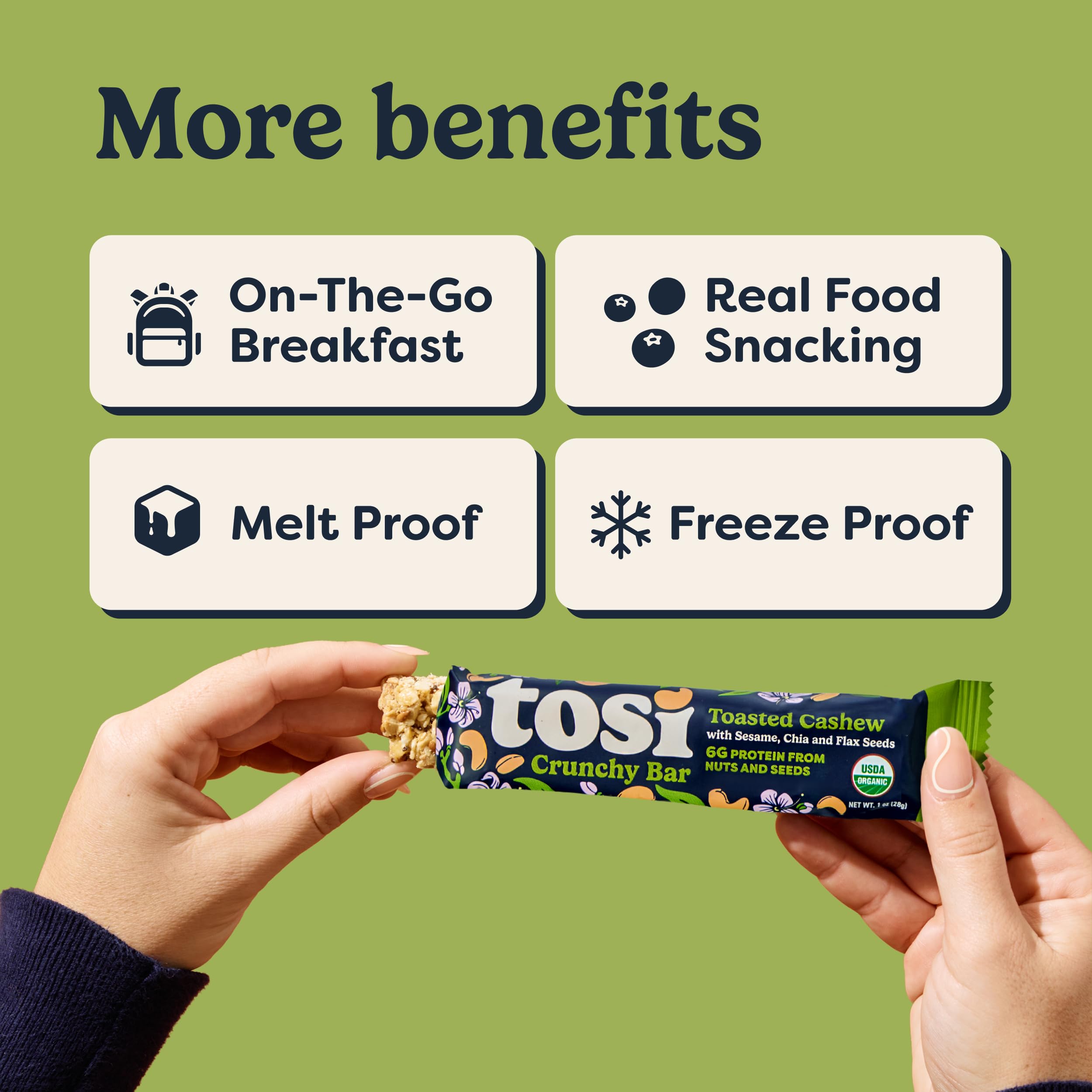 Tosi bar in hand showing 1.0 oz SuperBite portion control advantage