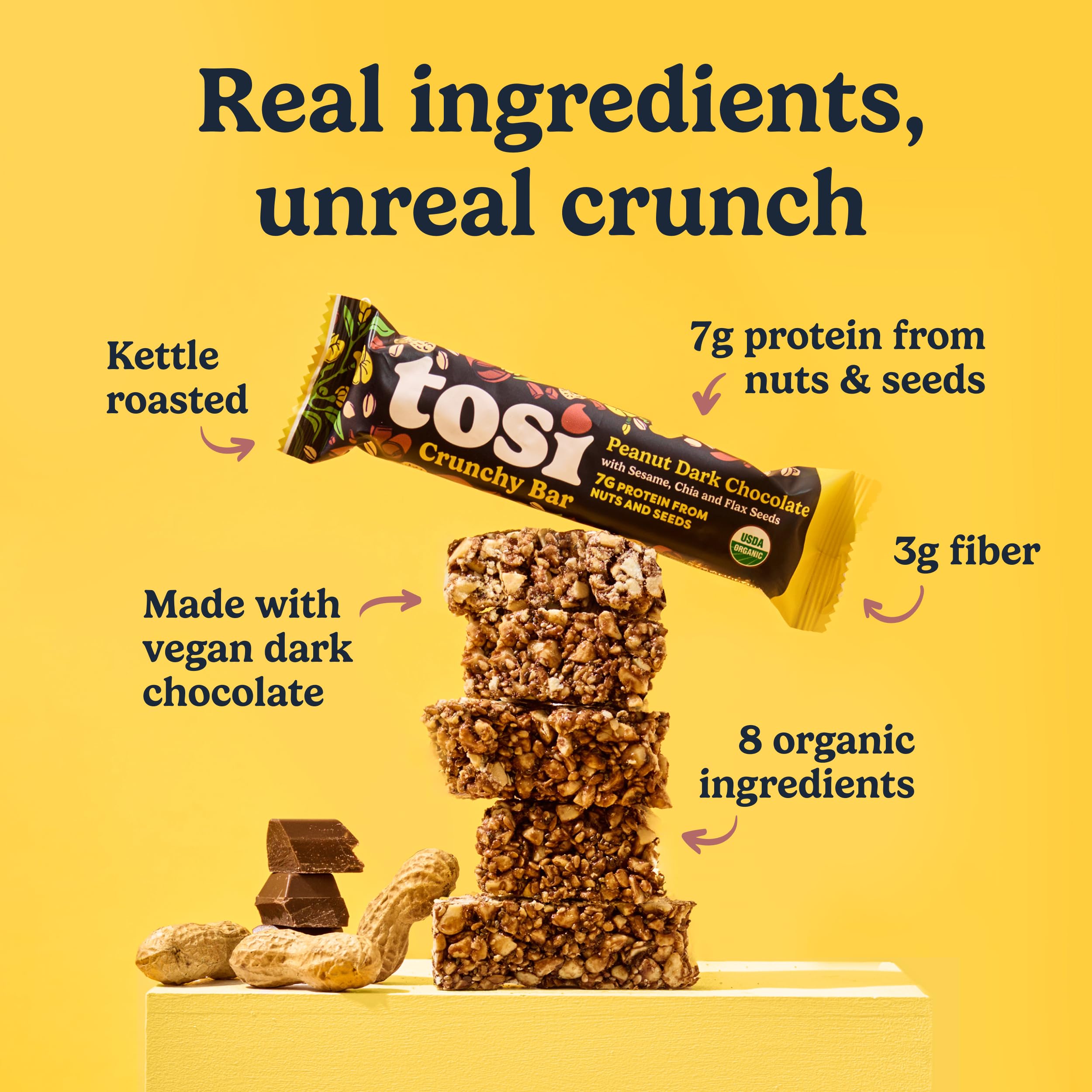 Tosi unwrapped Peanut Dark Choco bar closeup highlighting crunchy texture
