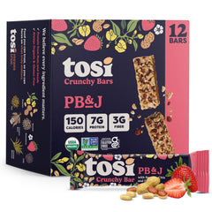 Tosi PB&J front packaging showing organic label and 12-pack convenience