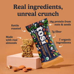 Tosi single unwrapped bar showing crunchy texture and easy snacking benefit