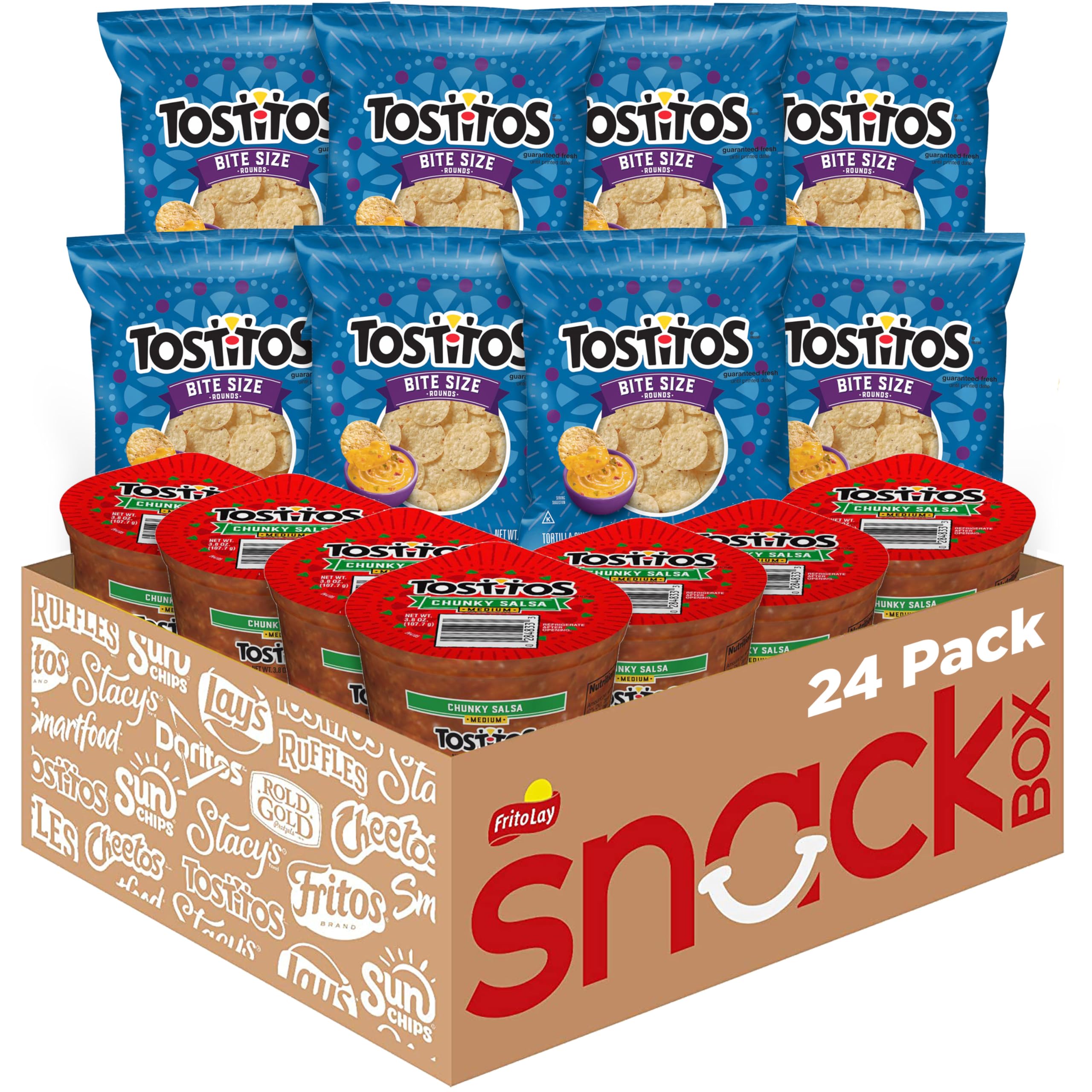 Frito Lay Tostitos blue front packaging showing variety pack and contents benefit convenience