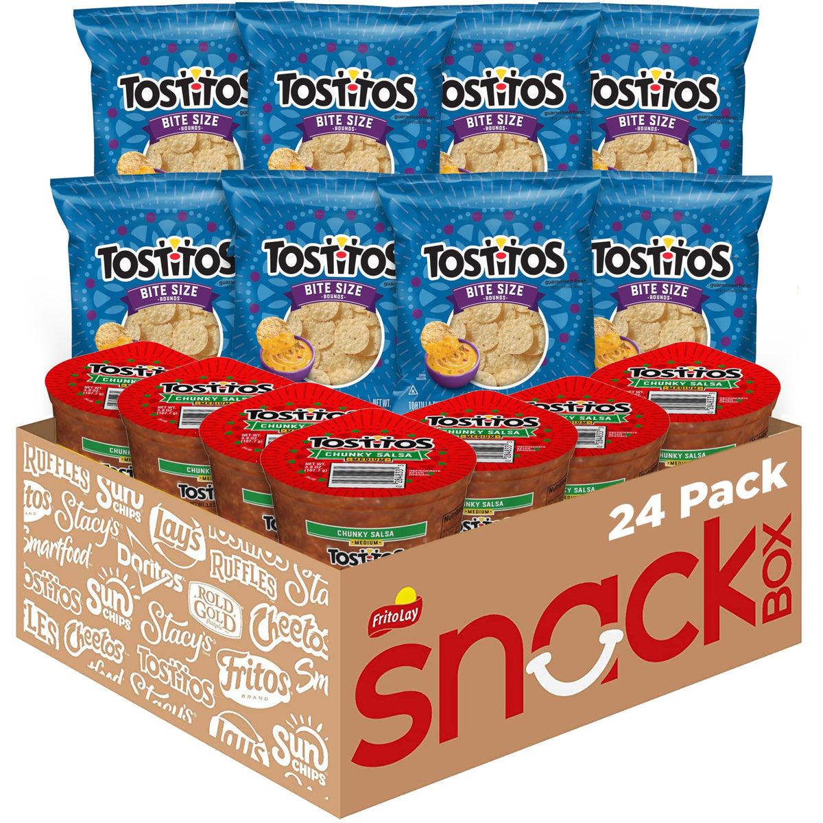 Frito Lay Tostitos blue front packaging showing variety pack and contents benefit convenience