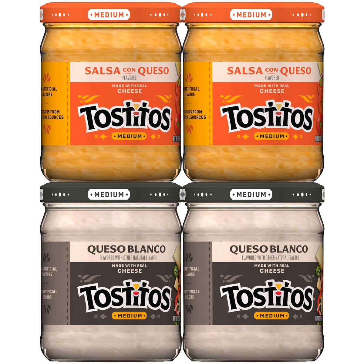 Tostitos front packaging showing four 11.25 oz jars ideal for parties