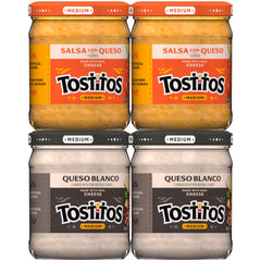 Tostitos front packaging showing four 11.25 oz jars ideal for parties