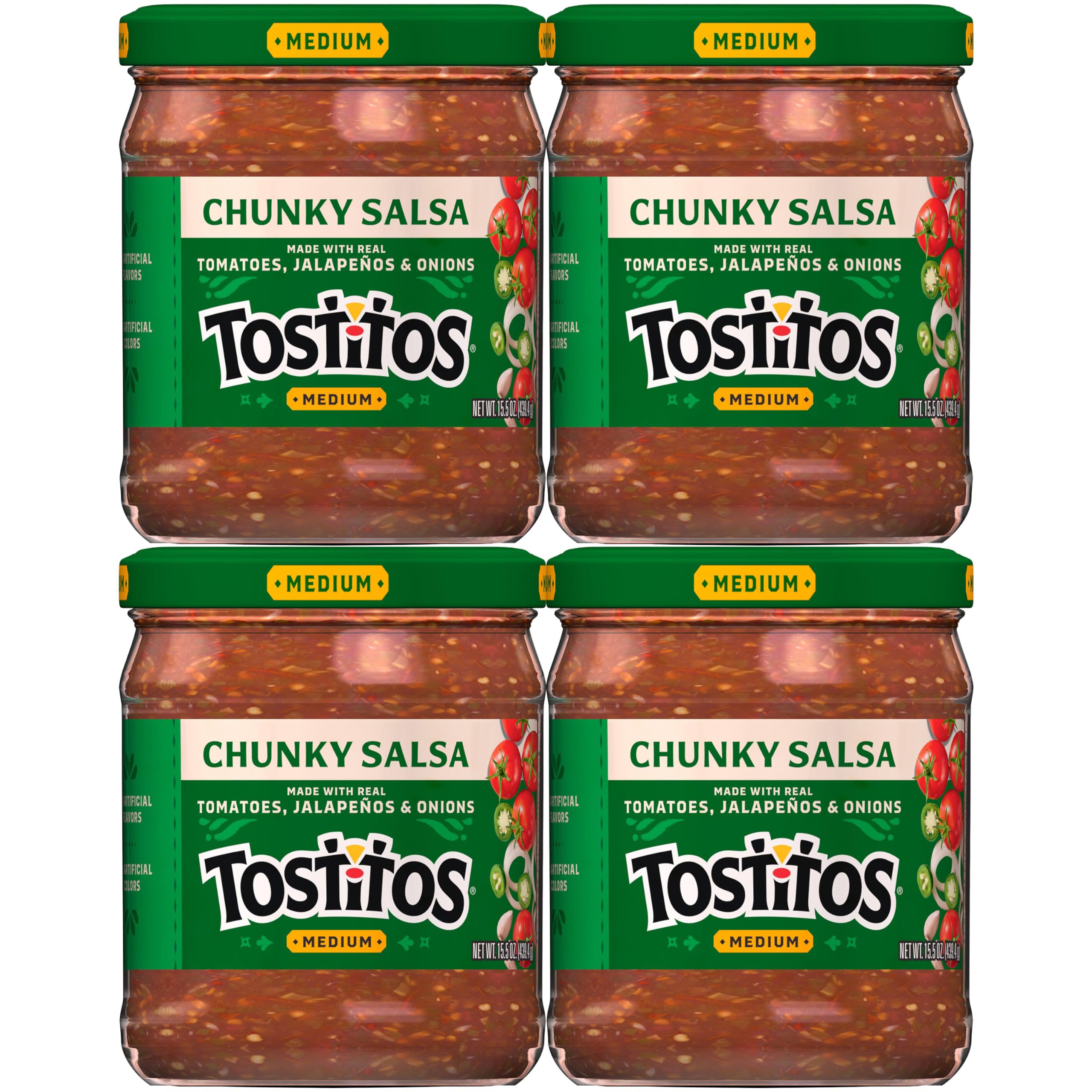 Tostitos front packaging showing four jars and serving suggestion benefit convenience