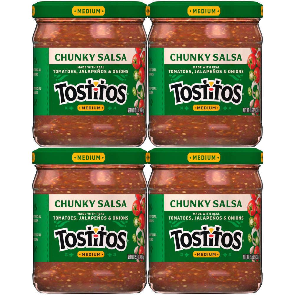 Tostitos front packaging showing four jars and serving suggestion benefit convenience