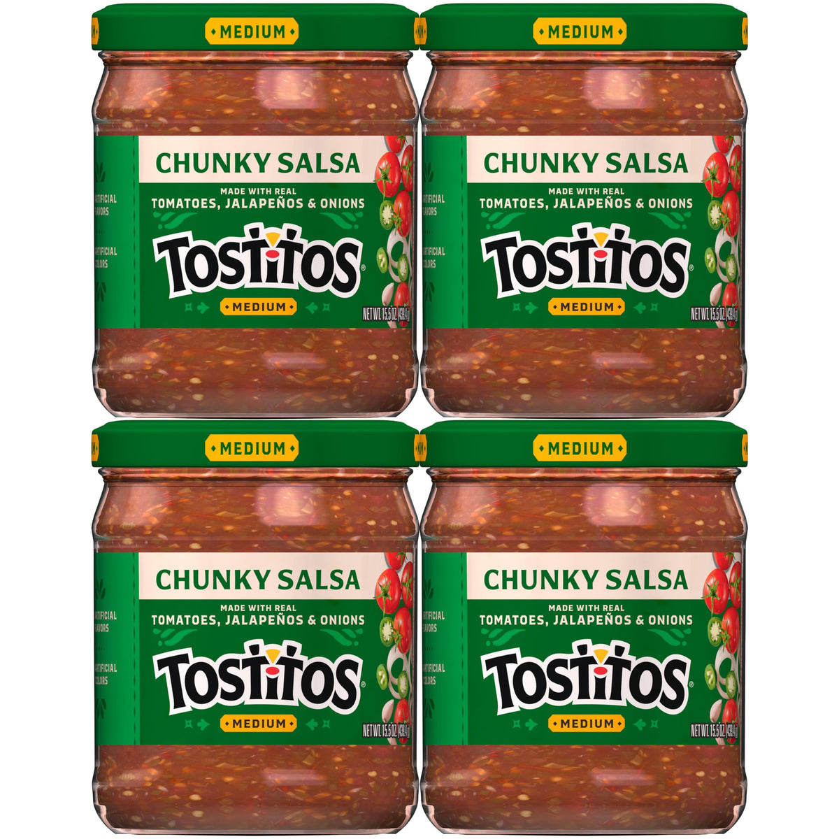 Tostitos front packaging showing four jars and serving suggestion benefit convenience