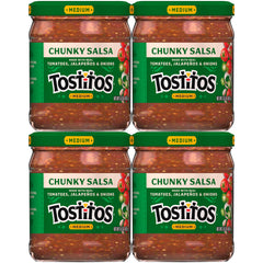 Tostitos front packaging showing four jars and serving suggestion benefit convenience