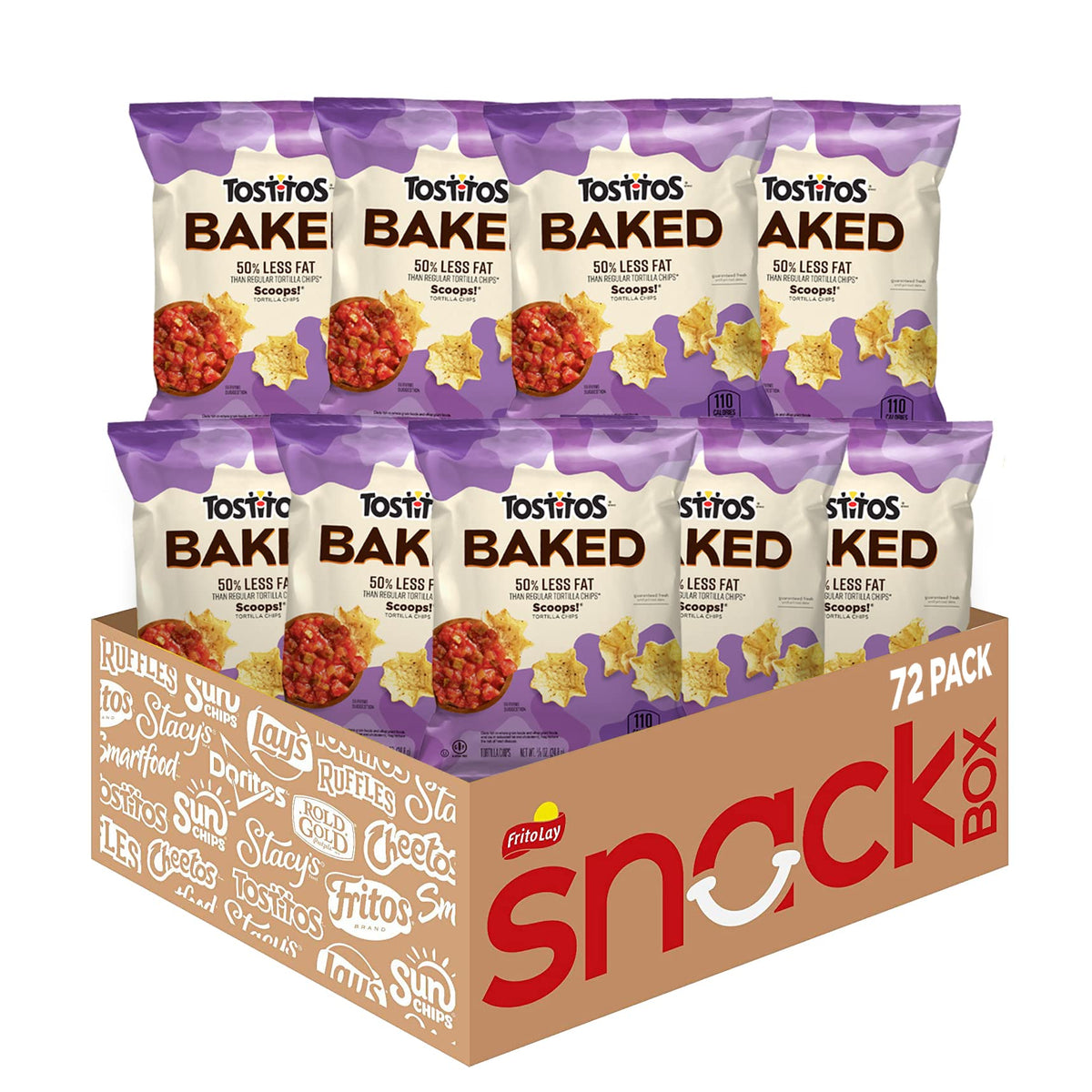 Tostitos front packaging showing baked scoops and 72 pack benefit