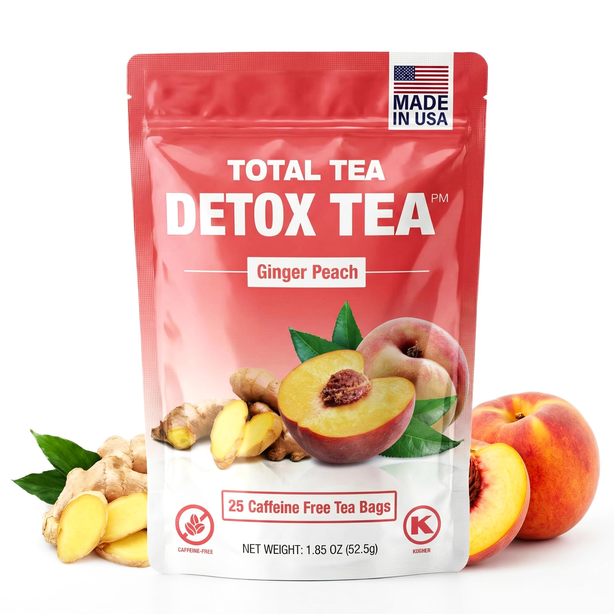 Total Tea front packaging showing peach tea bags and benefits