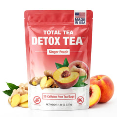 Total Tea front packaging showing peach tea bags and benefits
