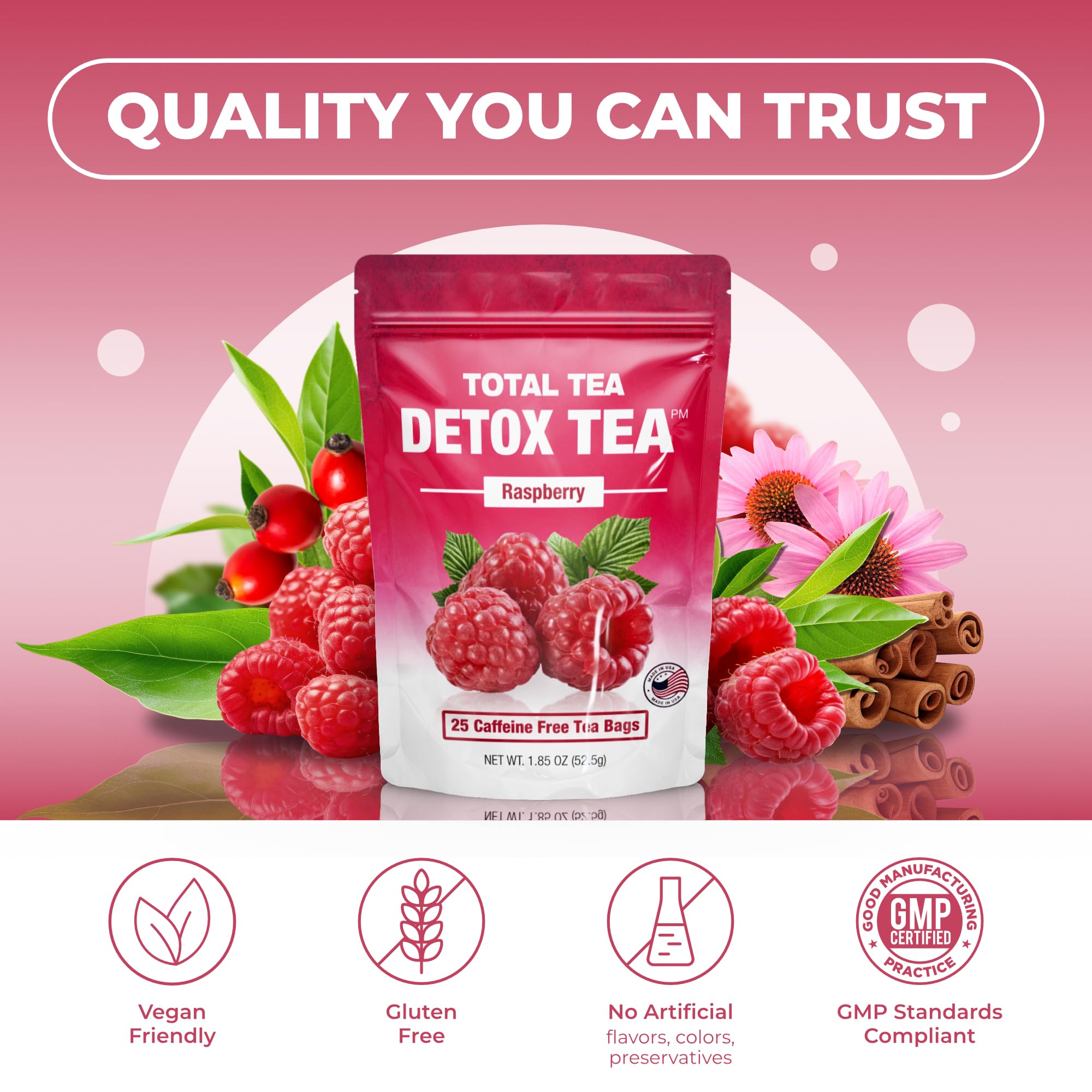 Total Tea label displaying Kosher and gluten-free icons for brand trust