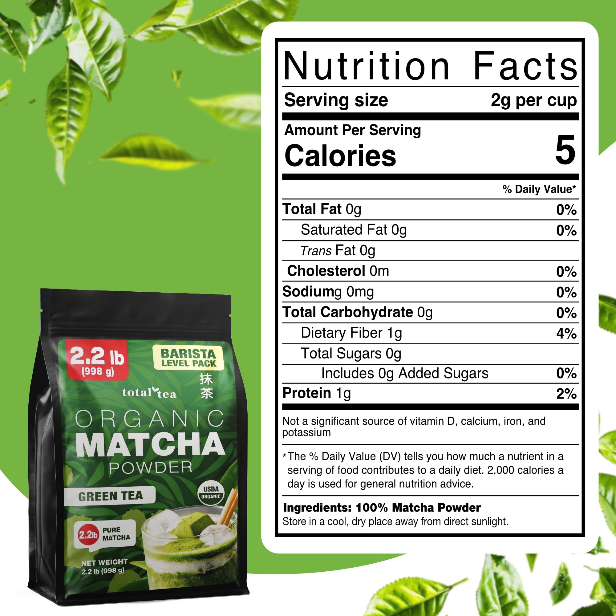 Total Tea powder close-up fine texture and vibrant green color for smooth mixing