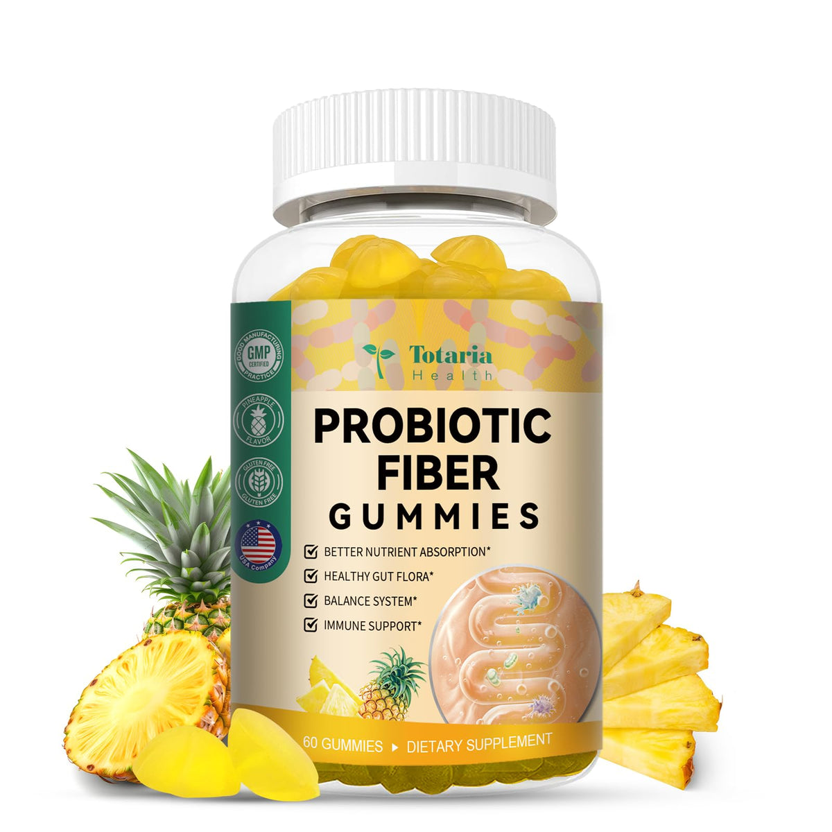 Totaria front packaging showing pineapple gummies and benefits