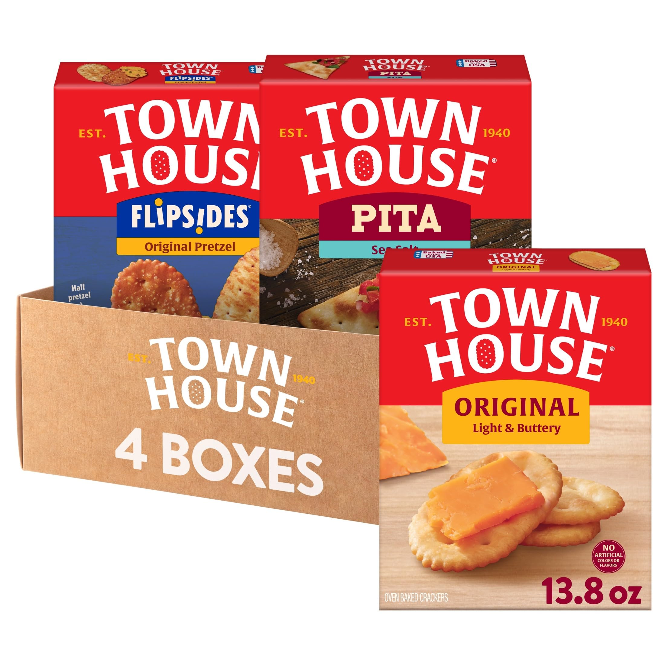 Town House front packaging showing the variety pack and serving suggestion benefit
