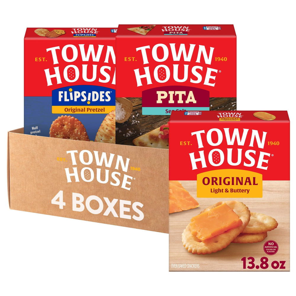 Town House front packaging showing the variety pack and serving suggestion benefit