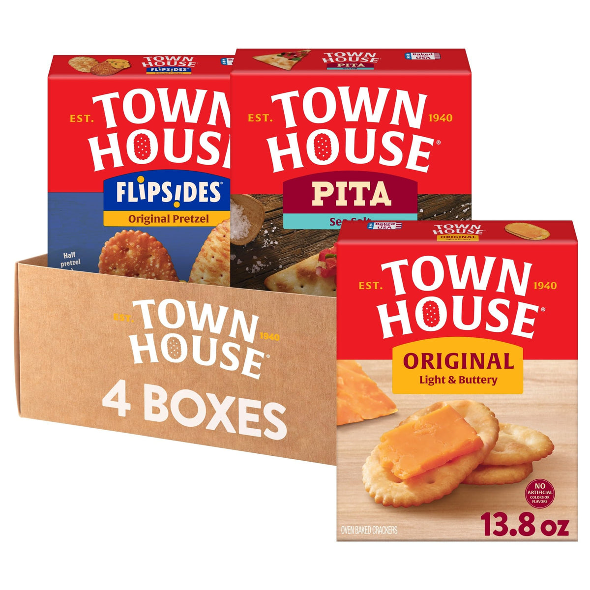 Town House front packaging showing the variety pack and serving suggestion benefit
