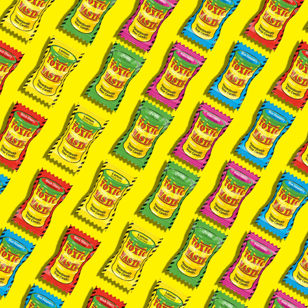 TOXIC WASTE flavor array on plate showing five distinct colors and easy tasting comparison