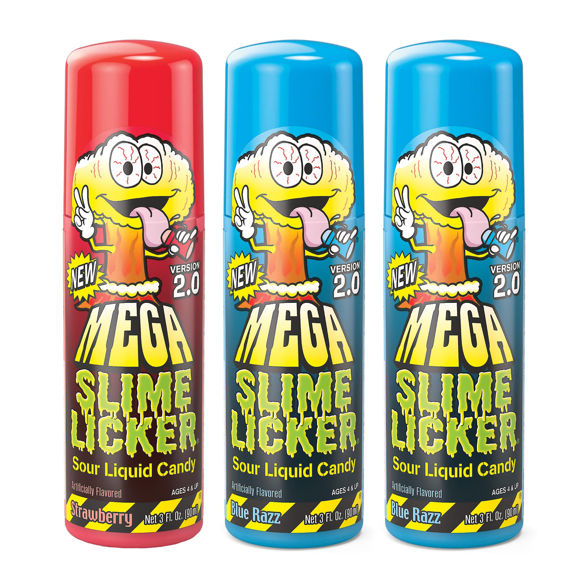 TOXIC WASTE front display of three Mega Slime Licker tubes showing packaging and flavors, eye-catching shelf appeal