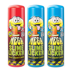 TOXIC WASTE front display of three Mega Slime Licker tubes showing packaging and flavors, eye-catching shelf appeal