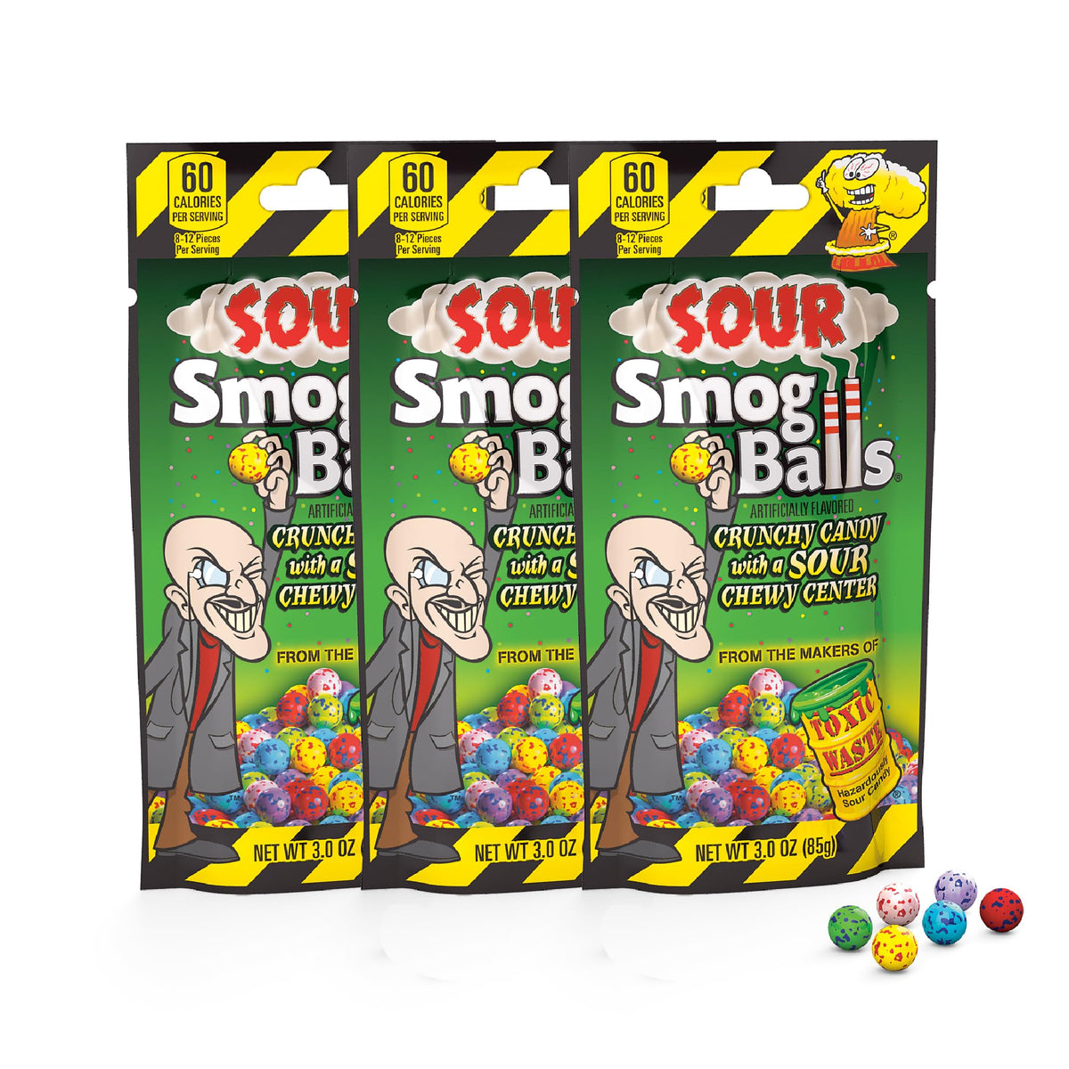 TOXIC WASTE front packaging showing vibrant assorted Smog Balls and branding for easy selection