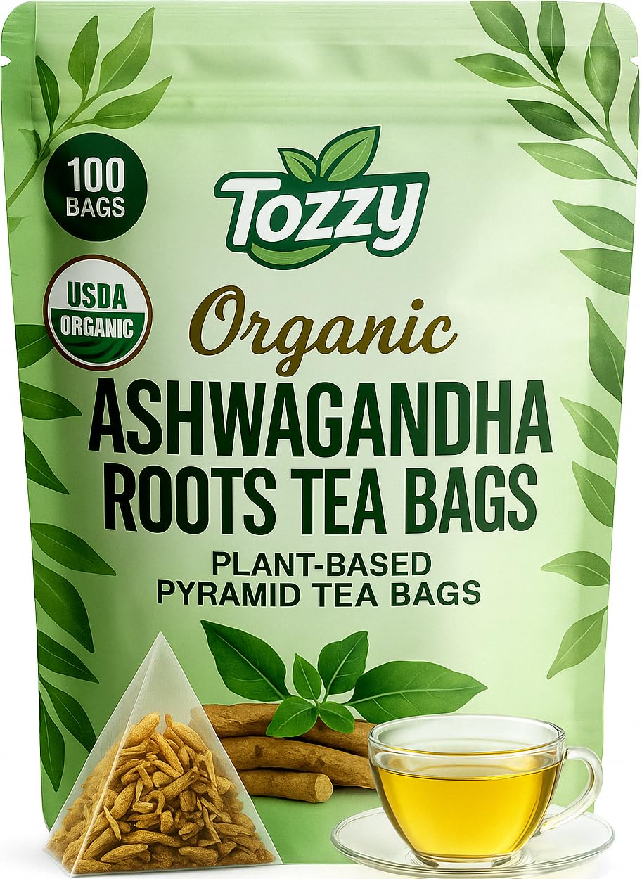 TOZZY front packaging showing organic ashwagandha and 100-count benefits