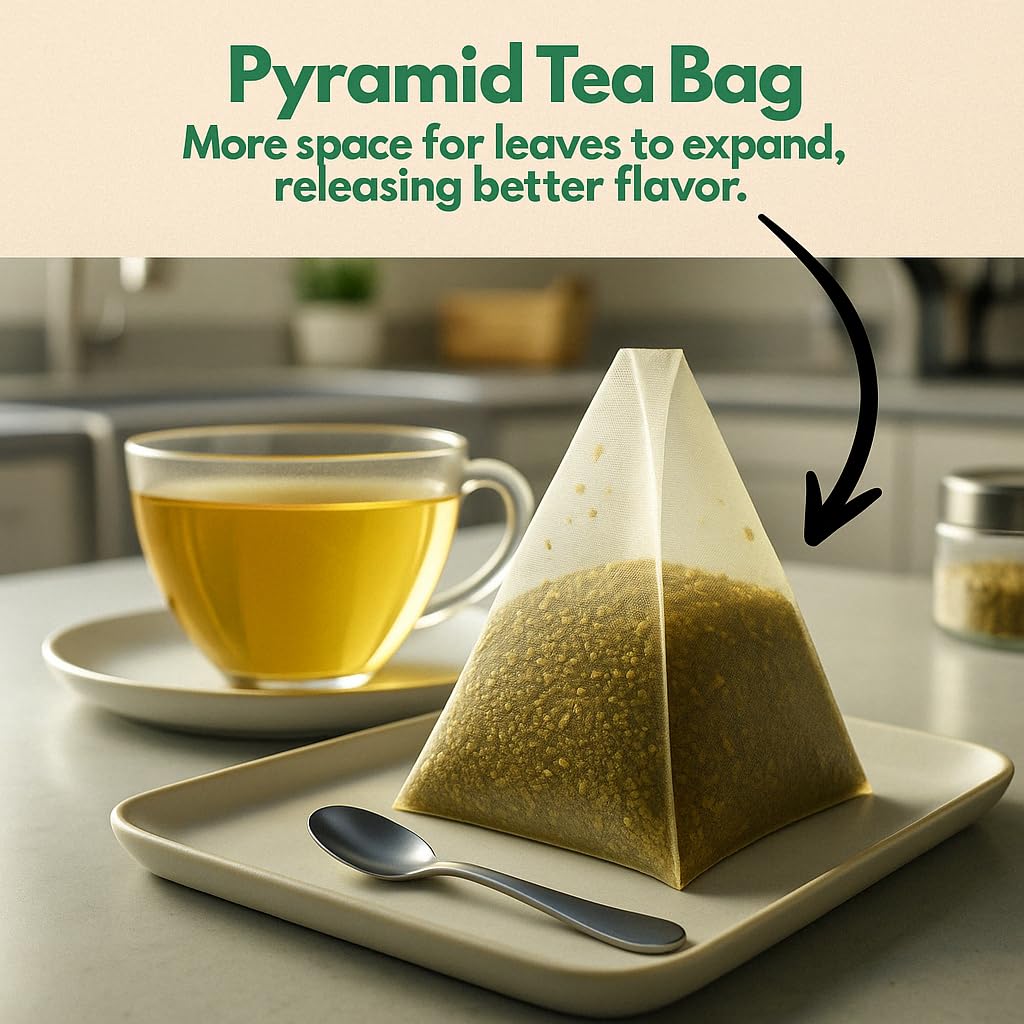 TOZZY box beside a mug for scale showing 100 pyramid sachets