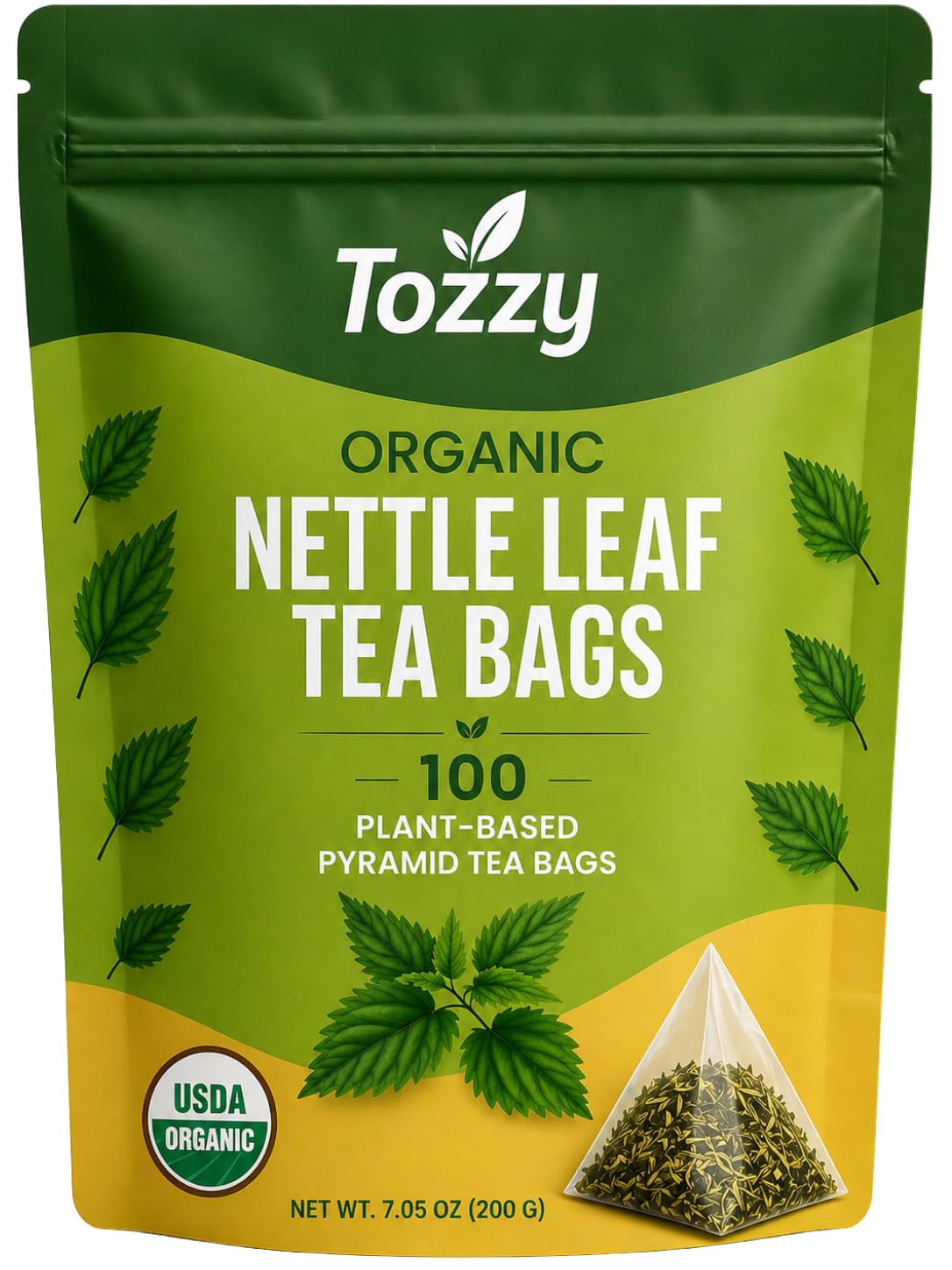 TOZZY front packaging showing 100-count nettle leaf tea and eco-friendly branding