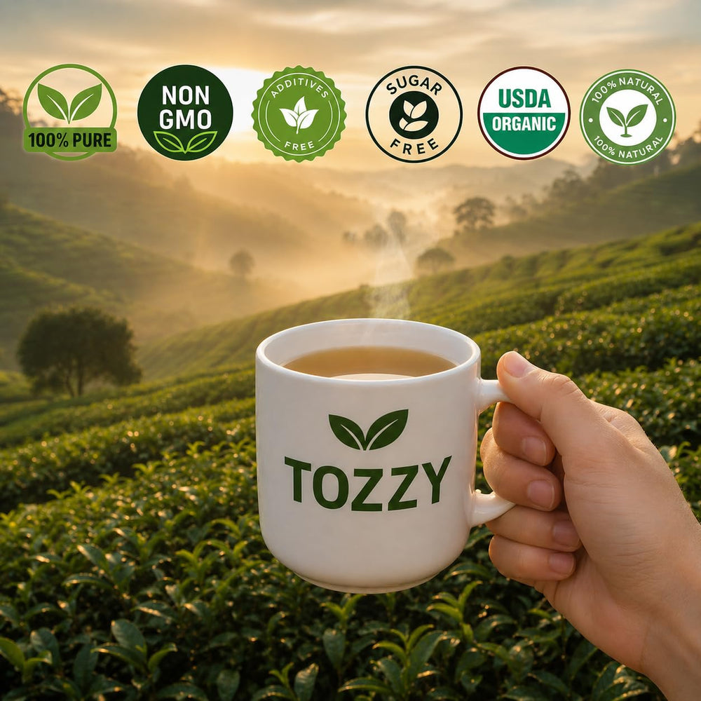 TOZZY pyramid tea bag close-up showing roomy sachet for fuller leaf infusion