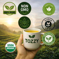TOZZY plant-based pyramid tea bag closeup showing roomy shape for fuller flavor