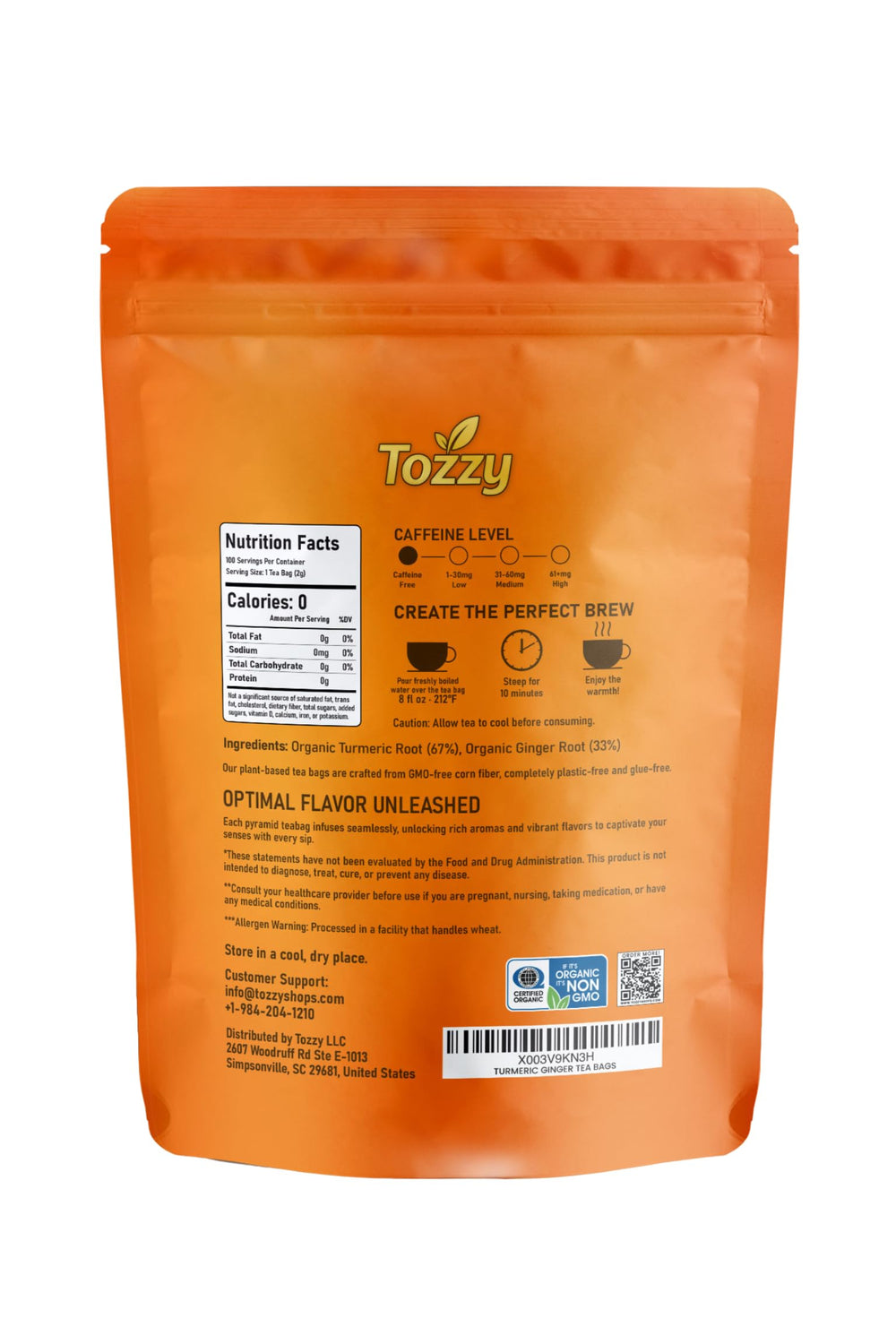 TOZZY box beside a cup showing scale and 100-bag quantity for serving planning