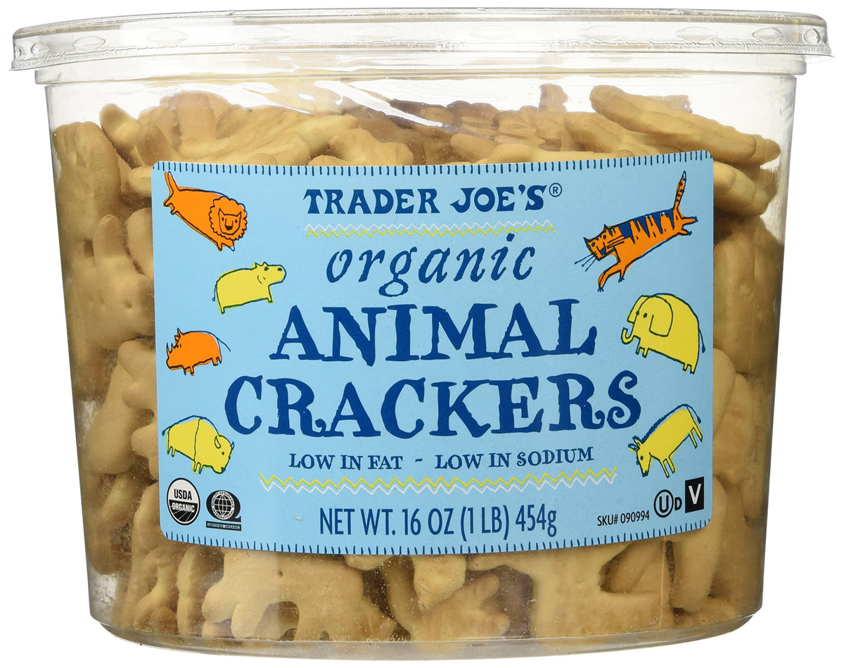 Trader Joe's front packaging showing organic animal crackers and family-friendly snack