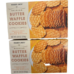 Trader Joe's front packaging of waffle cookies showing box and brand, convenient two-pack benefit