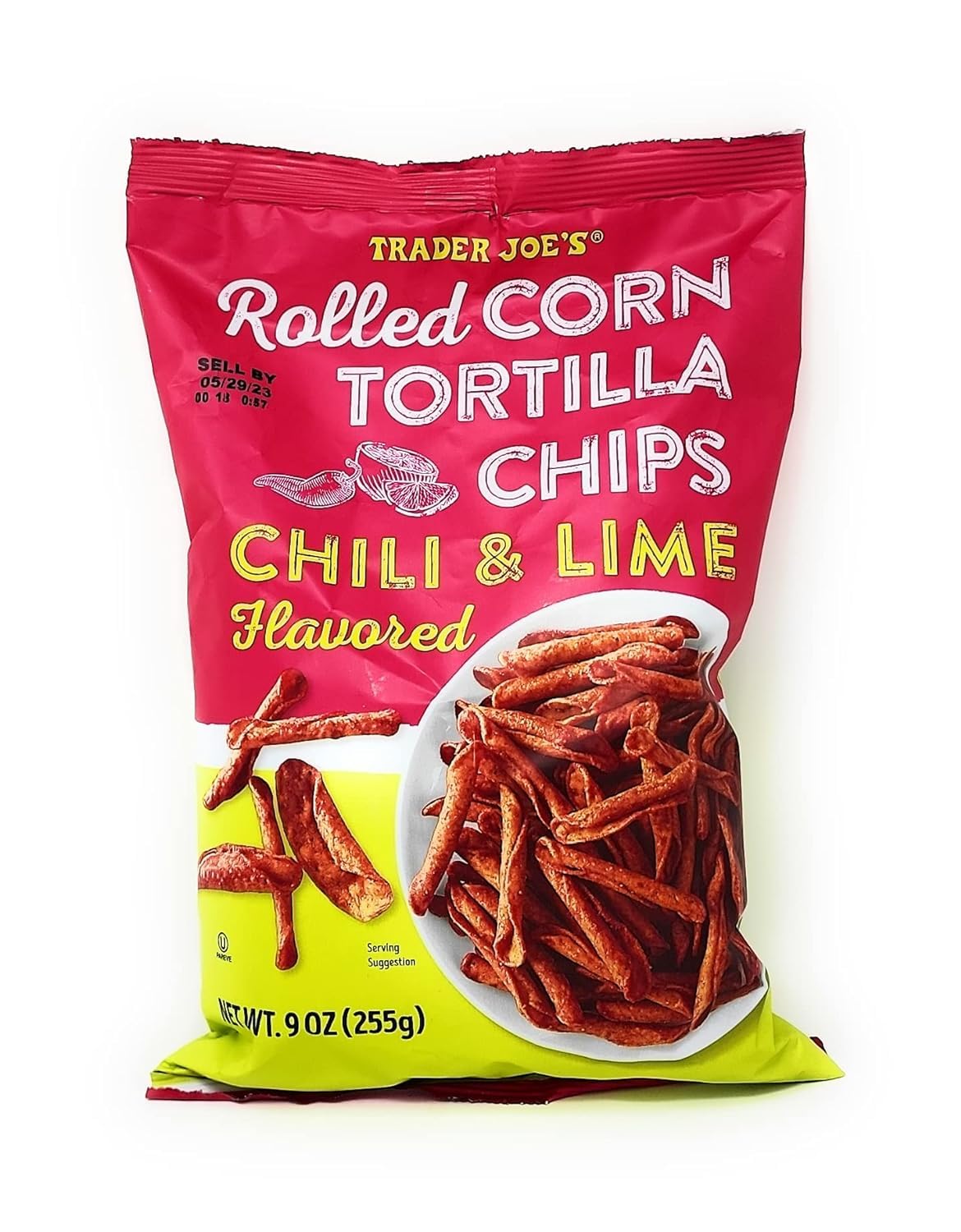 Trader Joe's front bag shot showing chili lime rolled chips and bold seasoning