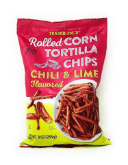 Trader Joe's front bag shot showing chili lime rolled chips and bold seasoning