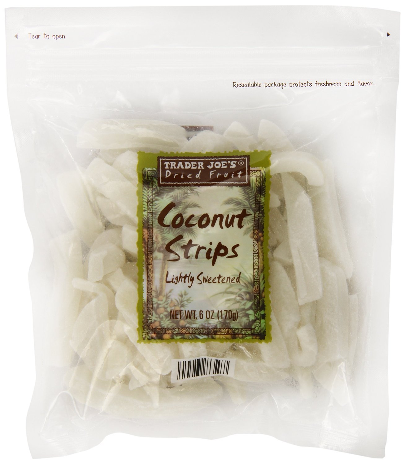 Trader Joe's close-up of toasted coconut strip texture for snacking appeal