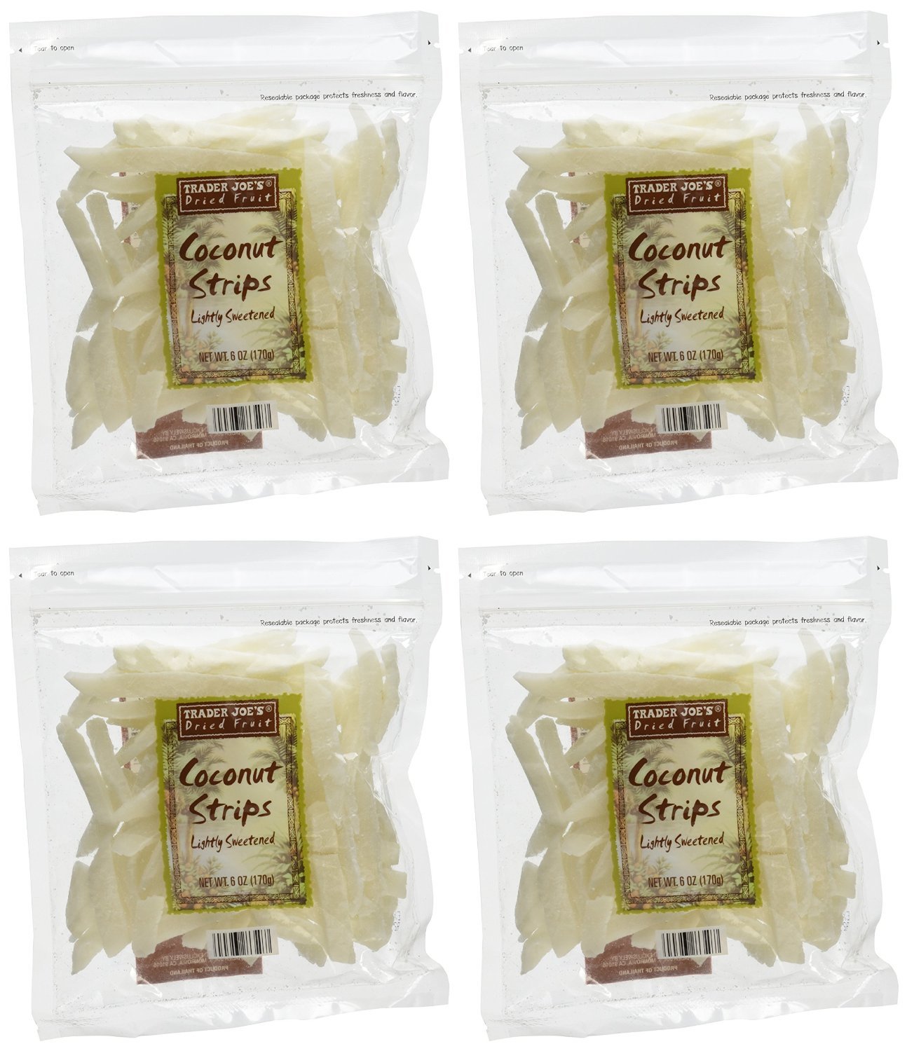Trader Joe's front packaging showing four 6 oz coconut strip bags and convenience